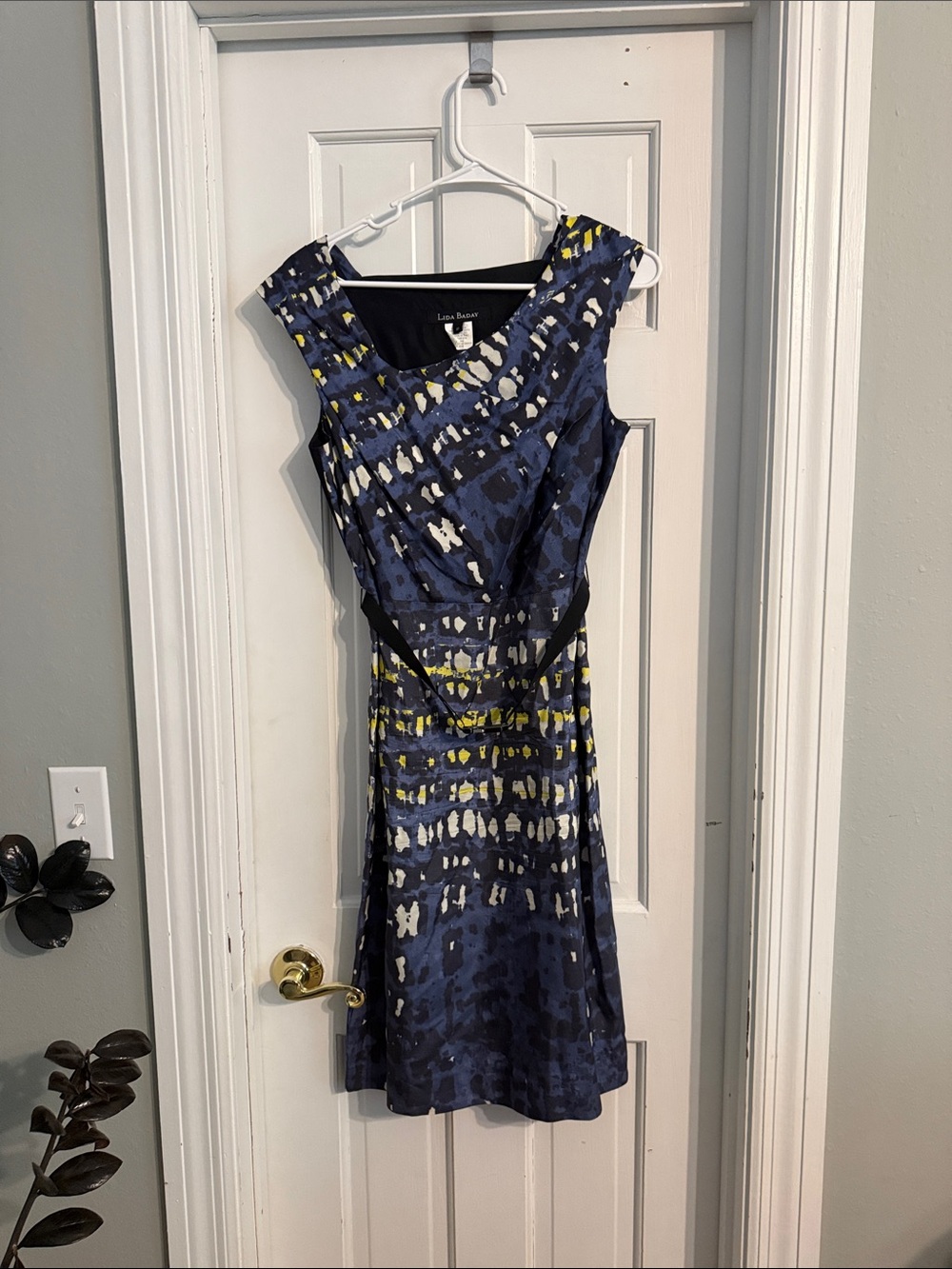 Lida Bday Navy Abstract-Print Sheath Dress with Yellow & White Accents